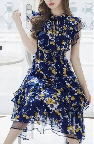 SETTAN 플라워 프린트 티어드 프릴 A라인 플레어