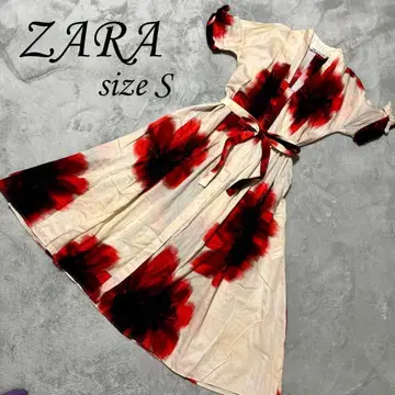 ZARA 원피스 꽃무늬 빨간색 블랙 S 사이즈 리본 면 버튼 원피스