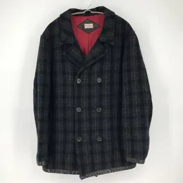 플랫 헤드 P 코트 42 블랙 체크 울 소가죽