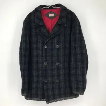 플랫 헤드 P 코트 42 블랙 체크 울 소가죽