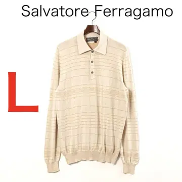 H2834-42 페라가모 체크 무늬 니트 긴팔 피케 셔츠 실크 코튼