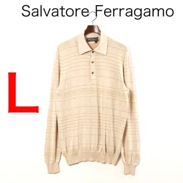 H2834-42 페라가모 체크 무늬 니트 긴팔 피케 셔츠 실크 코튼