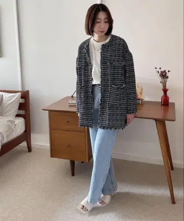 Doux archives 두 아카이브 트위드 노카라 자켓