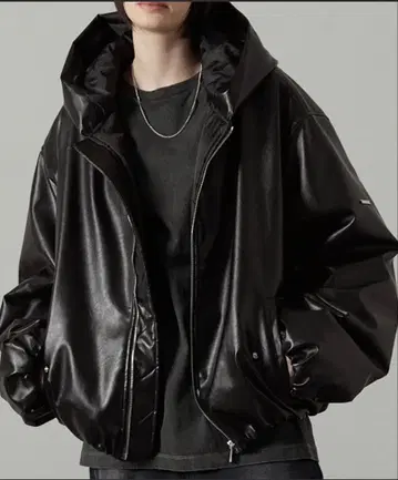 블랙 합성 피혁 오버 사이즈 자켓