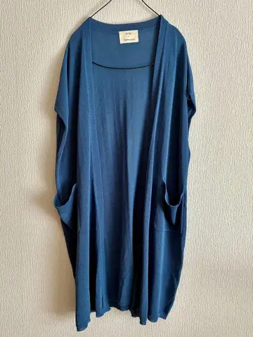 포켓 부착 롱 가디건 블루