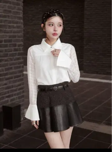 다리치 시어 체크 콤비 블라우스