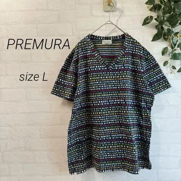 [ PREMURA ] 기하학 패턴 V넥 반팔 티셔츠 (L) 멀티 컬러