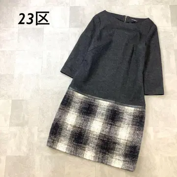 새상품급 23구 울 바이컬러 원피스 다크 그레이 체크 7부 소매