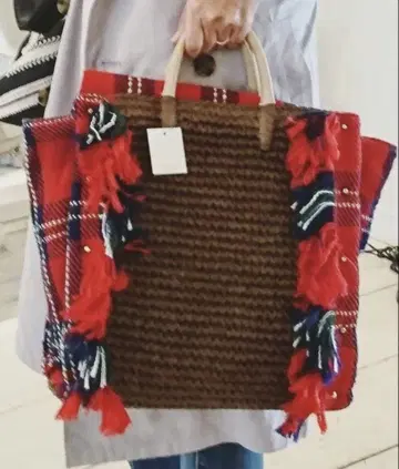 LAUGOA 체크 무늬 프린지 토트백