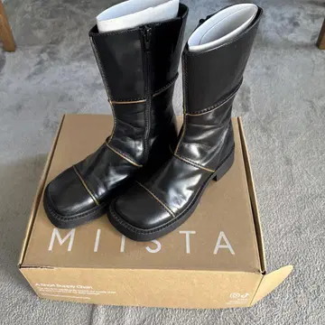MIISTA 블랙 가죽 미들 부츠, 사이드 고어,