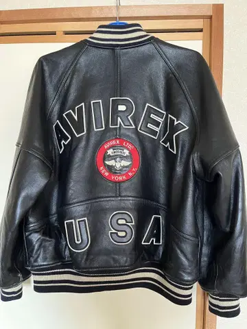 AVIREX 블랙 가죽 바시티 자켓