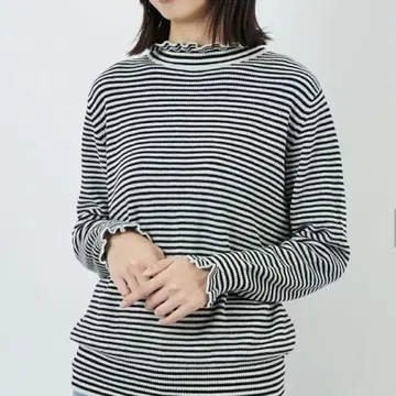 tumugu 랜덤 리브 니트 프릴 하이넥 보더 풀오버 t