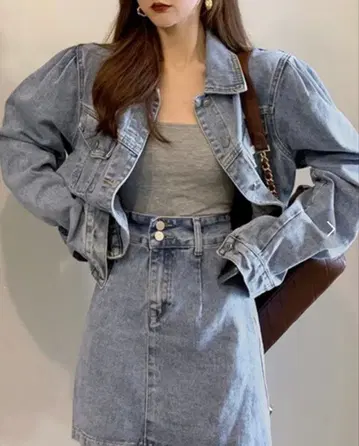 여성용 파워숄더 데님 자켓 미니 스커트 세트