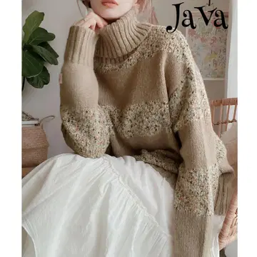 JaVa 자바 콜라보 컬러 네프 터틀넥 보더 니트 베이지