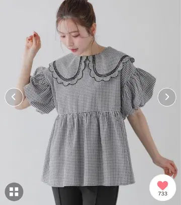 [ 새상품급 ] Fit more 깅엄 스캘럽 옷깃 블라우스