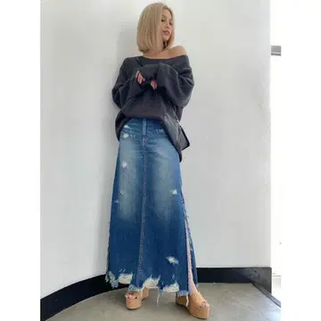 GYDA 사이드 슬릿 데님 롱 스커트 데미지 가공