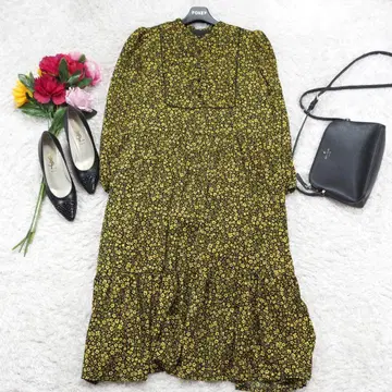 G9267*BEAMS 빔즈 A라인 꽃무늬 원피스 블랙 옐로우 M