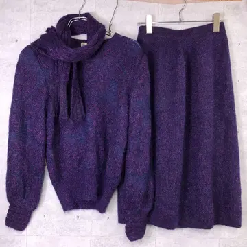 쇼와 레트로 구제 의류 머플러 포함 라메 멜란지 니트 스커트 셋업