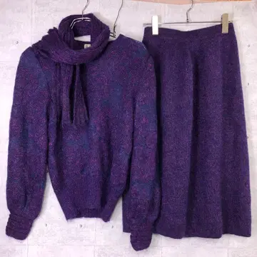 쇼와 레트로 구제 의류 머플러 포함 라메 멜란지 니트 스커트 셋업