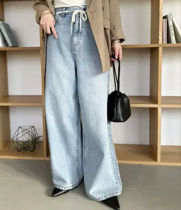 디스코트 로프 벨트 라이트 데님 와이드 팬츠