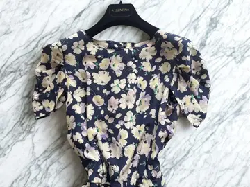 NINA RICCI 고급 실크 네이비 꽃무늬 원피스