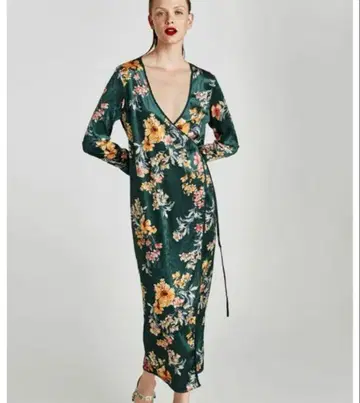 ZARA 벨로아 꽃무늬 카슈쿨 롱 원피스 가운 기모노풍 L