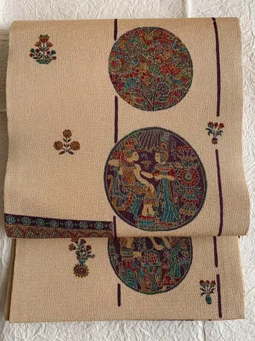 나고야 오비 크레이프 원단 베이지 바탕 사라사 코프 문양 전통 거울 마감