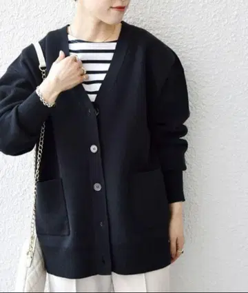 SHIPSany 밀라노 리브 V넥 미디 가디건 블랙