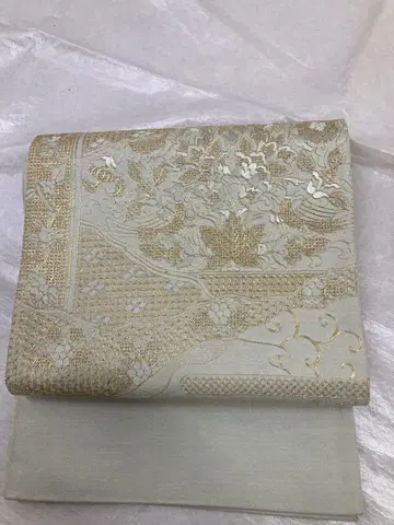 수수한 어린 풀색 중국 자수 후쿠로 오비 순수 실크