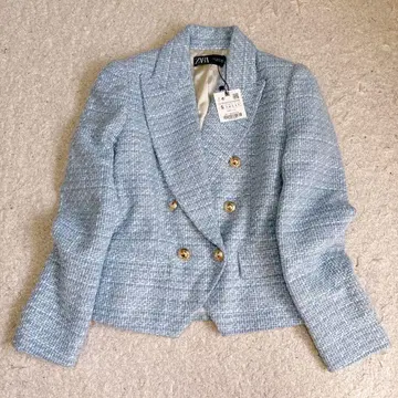 택 포함 새상품 [ 자라 ] 트위드 더블 자켓 골드 버튼 블루 S