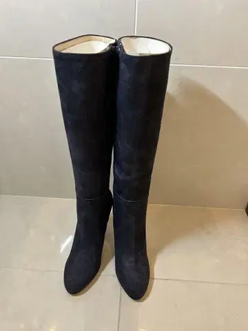 다크 블루 스웨이드 롱 부츠 하이힐