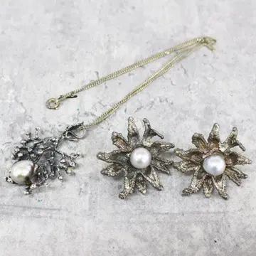 귀찌 & 목걸이 세트 플라워 모티브 진주 실버 빈티지