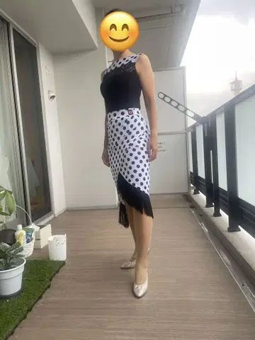 사교댄스 FD 컴퍼니 물방울 패턴 상의와 프린지 타이트 스커트
