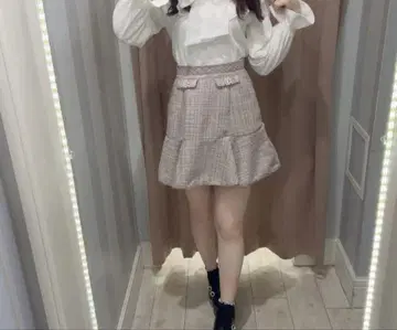 에블린 사다리꼴 스커트 트위드 꽃 비쥬 스커트 핑크