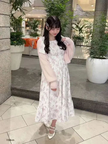컨디션 최상 evelyn 꽃무늬 롱 원피스 어깨 리본 핑크