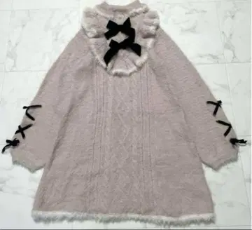 엑시즈팜 카와이 터틀넥 샤기 니트 원피스 벨로아 리본