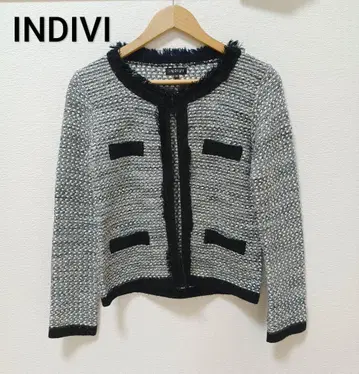 INDIVI 프린지 트위드 노카라 자켓 가디건
