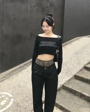 emmy 더블 허리 레오파드 데님 팬츠 에이미