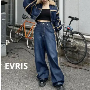 새상품 EVRIS 데님 보아 블루종 & 와이드 팬츠 셋업 에브리스