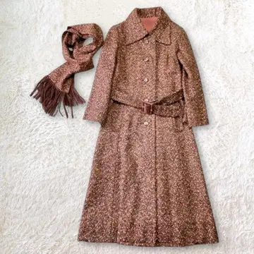 빈티지 트위드 롱 코트 A라인 벨트 스톨 포함 S~M