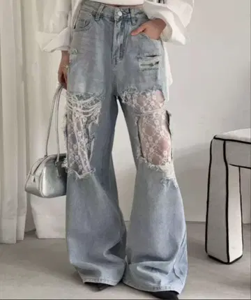 레이스 데미지 데님 팬츠