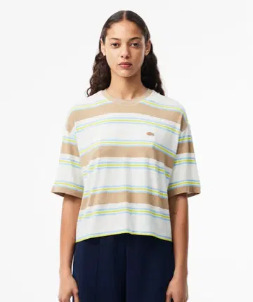 라코스테 오버 사이즈 크롭 믹스 보더 반팔 T셔츠 34