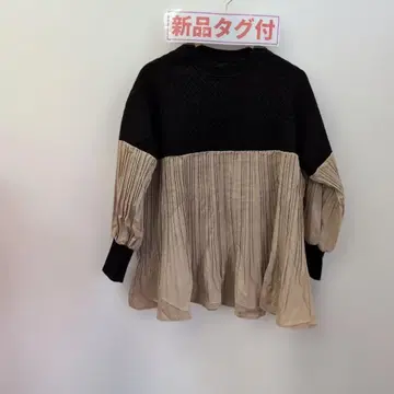 배색 절개 풀오버 니트소 블라우스 도킹 플리츠 디자인 택 포함 새상품