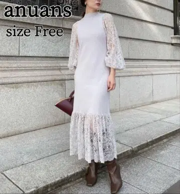 anuans 스캘럽 레이스 도킹 니트 원피스 롱 프리