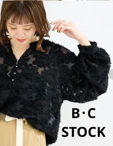 B C STOCK 퍼프 슬리브 자카드 블라우스 블랙 긴팔