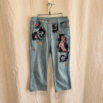 존 갈리아노 2002년 코튼 자수 패치워크 플레어 데님 팬츠