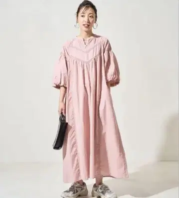 핑크 롱 원피스 벌룬 슬리브