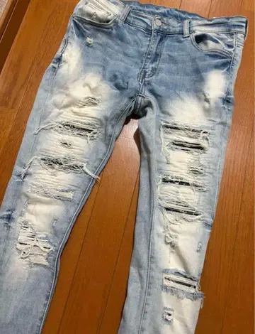 데미지 가공 스키니 청바지 라이트 블루