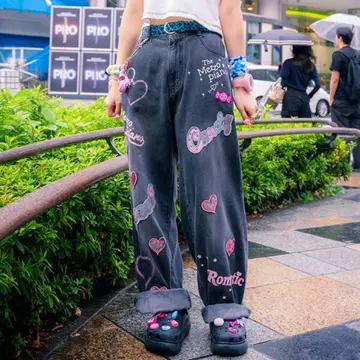 메조 피아노 헤이세이 리바이벌 데코라티브 데님 와이드 팬츠