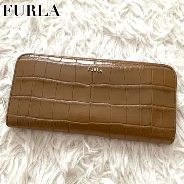 컨디션 최상 훌라 현행 로고 장지갑 악어 무늬 라운드 지퍼 가죽 카멜